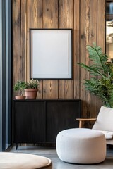 Wooden wall interior featuring blank poster frame, stylish furniture, indoor plants, and modern accents. Perfect for wall art mockup and home decor inspiration. Template.