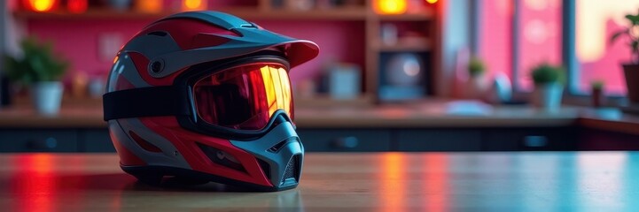 Fototapeta premium Helmet and goggles mockup on a table for testing, testing device, equipment display, innovation display