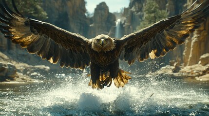 Majestic Eagle Soaring Above Pristine Waterscape with Towering Rock Formations