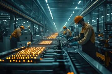 Industrial Factory Workers Assembling Products on High-Tech Production Line with Safety Gear