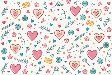 Hearts, flowers, and leaves pattern background for Valentine's Day design
