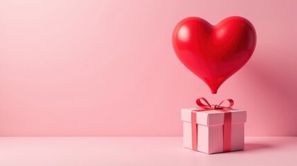 A heart-shaped balloon floats gently above a pink gift box, symbolizing affection and a thoughtful present