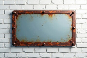 Rustic Metal Sign with Weathered Frame on a Brick Wall, Perfect for Vintage or Industrial Designs