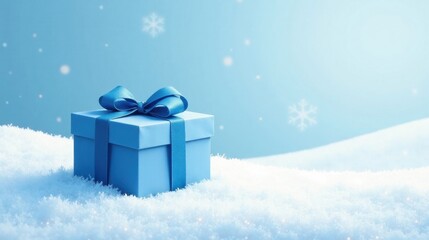 A Serene Winter Scene Featuring a Light Blue Gift Box with a Matching Bow, Resting on a Snowy Landscape Under a Soft Blue Sky