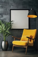 Charming living space featuring a vibrant yellow armchair, modern floor lamp, decorative plant, and blank frame ready for wall art mockup. Interior design. Template.