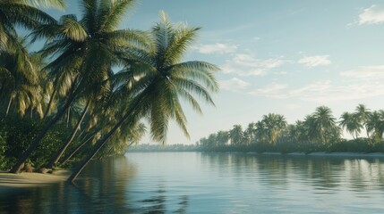 Obraz premium Serene Tropical Landscape: Palm Trees Reflecting in Calm Water