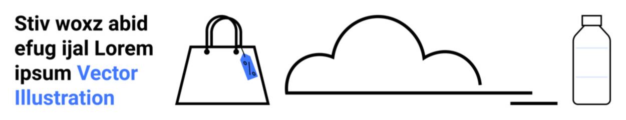 Minimalist reusable shopping bag with tag, cloud illustration, and plastic bottle highlighting sustainability and eco-conscious choices. Ideal for environment, recycling, awareness, conservation