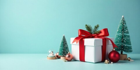 A festive winter scene featuring a gift box, miniature trees, and ornaments on a pastel background.