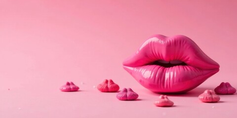A large glossy pink lips sculpture sits on a pink surface with small pink candies scattered around it.