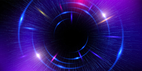 Futuristic Radial Burst of Energy in a Cosmic Light background, glowing vibrant blue and purple light beam concentric circles
