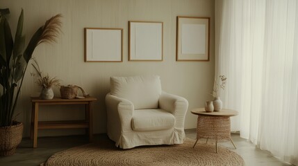 Fototapeta premium Cozy living room scene featuring neutral-toned armchair, wooden furniture, empty mockup frames on the wall, indoor plants, and natural light ambiance. Home decor. Template.