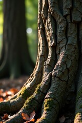 Close-up View of Ancient Tree Base with Exposed Roots and Autumn Leaves