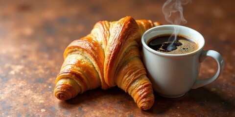 Aromatic Coffee and Flaky Croissant Pair Delightfully on Rustic Surface