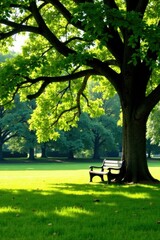 Serene park scene featuring a solitary bench beneath the shade of a majestic tree on a sun-drenched lawn