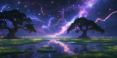 Naklejka premium a vibrant constellation sprawled across the starry night sky above a lush, dense meadow and lake, created by generative ai