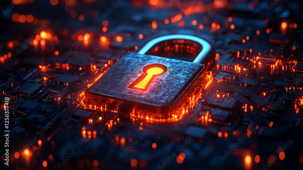Poster cybersecurity digital lock glowing circuit board technology data protection secure network safety