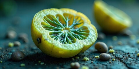 Close-up of a halved, vibrant yellow fruit revealing an intricate, green, radial internal structure, resting on a dark textured surface scattered with small, earthy elements.