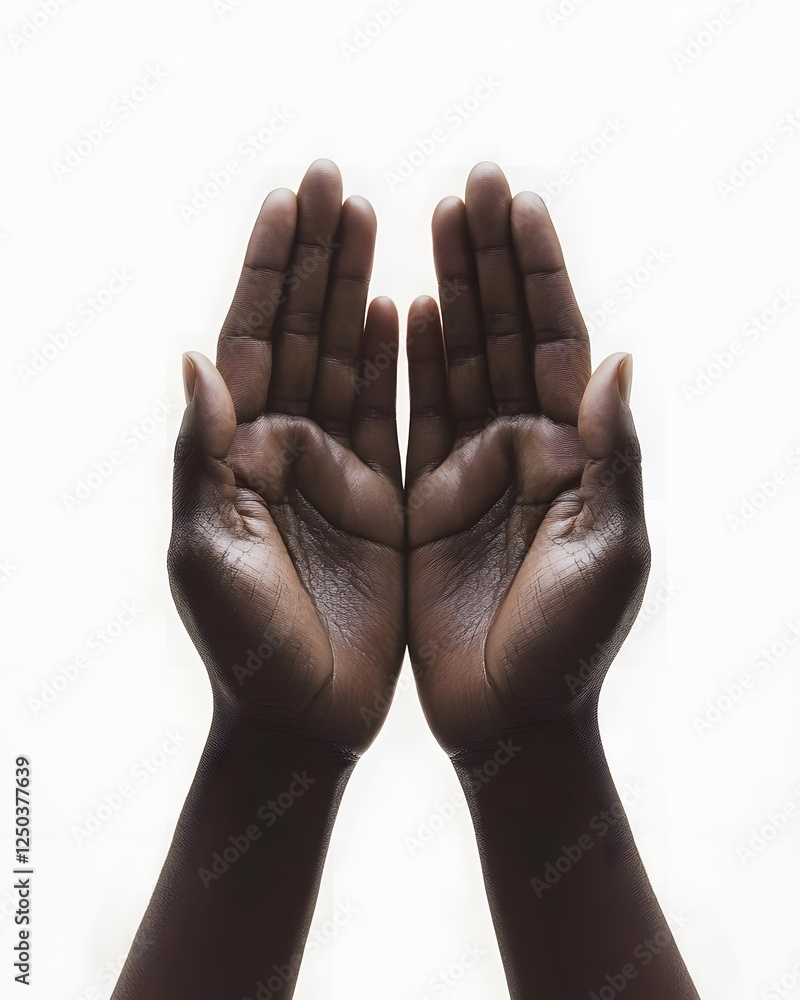 Poster two open hands facing each other against a white background, symbolizing unity and connection