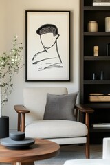 Cozy living room setup featuring modern chair, framed line art poster, minimalist decor, bookshelves, and stylish accessories. Perfect for interior design mockups.