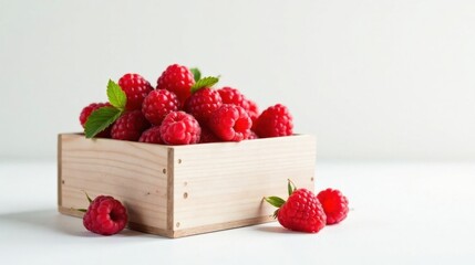 A wooden crate overflowing with ripe, juicy raspberries, nestled amongst vibrant green leaves, sits on a pristine white surface, a few more raspberries scattered nearby, ready for picking.