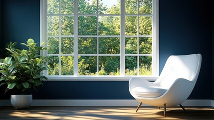 Serene Interior: Modern Chair, Lush Plant, and Sun-Drenched Window View