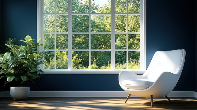 Fototapeta Serene Interior: Modern Chair, Lush Plant, and Sun-Drenched Window View