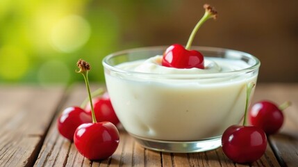 Creamy dairy dessert topped with a vibrant red cherry, nestled amongst other ripe cherries on a rustic wooden surface, bathed in soft natural light.