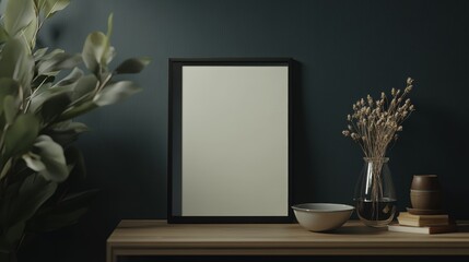 Elegant photo of a blank frame on a wooden table, surrounded by decorative items and plants. Perfect for wall art mockups or interior design templates. Home decor. Ready to use.