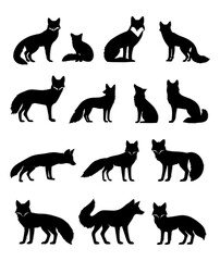 Wild animal Fox silhouette set on white background.