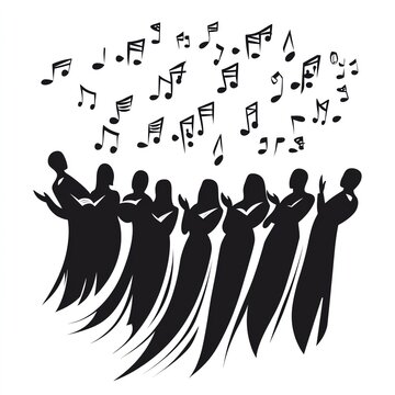 A silhouette of a choir singing with musical notes floating above them.