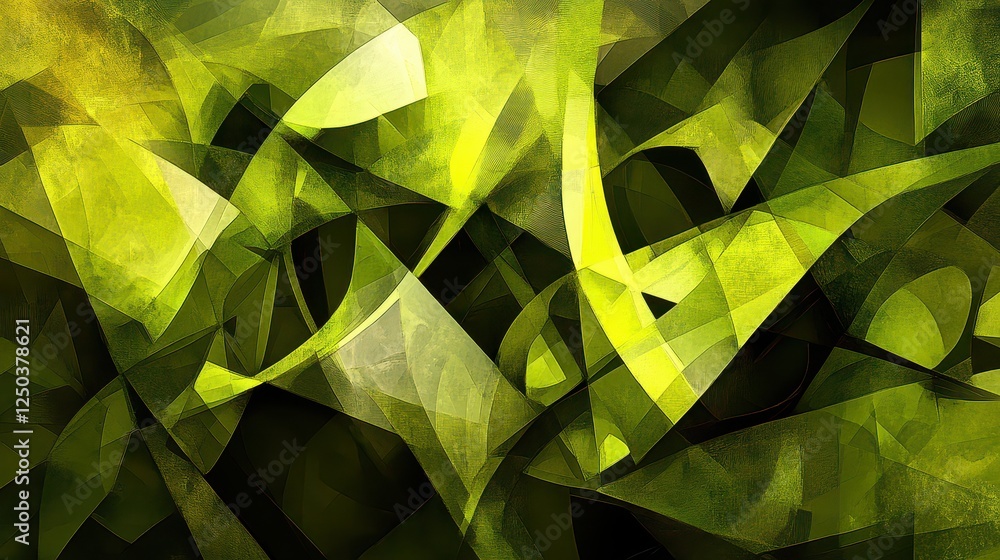 Poster abstract green geometric shapes intertwining with light and shadow in a vibrant composition