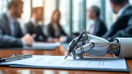 A robotic hand is poised over a document, set against a backdrop of business professionals engaged in discussion.