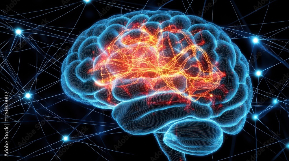 Poster abstract representation of a human brain with glowing neural connections against a dark background