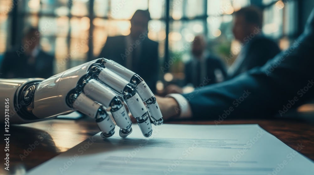 Fototapete a robotic hand rests on a document during a business meeting, symbolizing the integration of technol