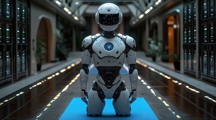 A sleek, futuristic robot with a round head and large,