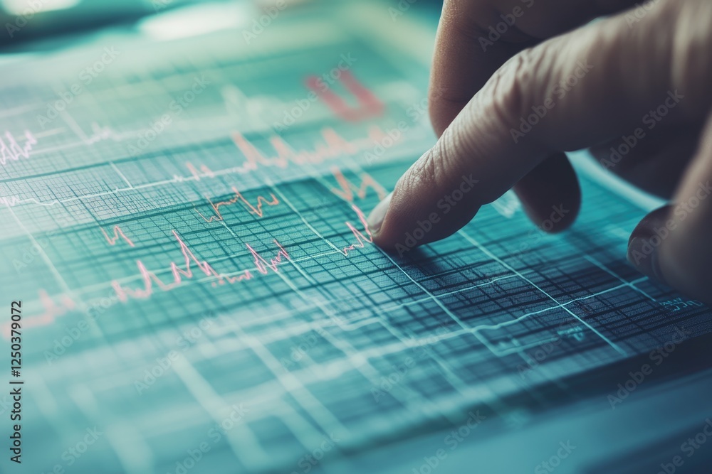 Poster a finger traces a fluctuating line graph on a digital screen, showcasing financial data analysis.