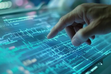 A finger interacts with a digital tablet displaying dynamic, glowing teal ECG waveforms and data.