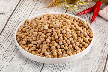 Dry chickpea seeds heap in the bowl