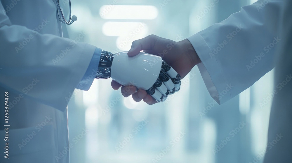 Poster a robot and a human shake hands in a medical environment, symbolizing collaboration between technolo