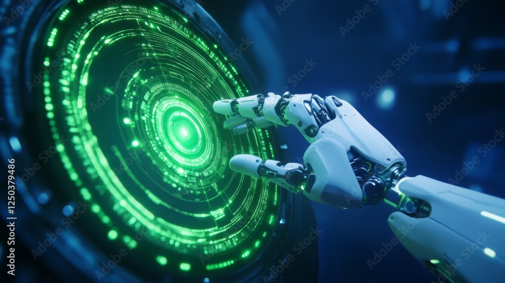 Poster a robotic hand reaches toward a glowing green interface, showcasing a futuristic interaction with te