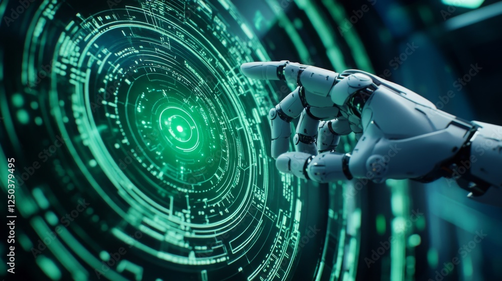 Poster a robotic hand reaches toward a glowing, circular interface filled with intricate digital patterns a