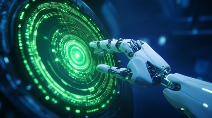 A robotic hand reaches toward a glowing green interface, showcasing a futuristic interaction with technology in a digital environment.