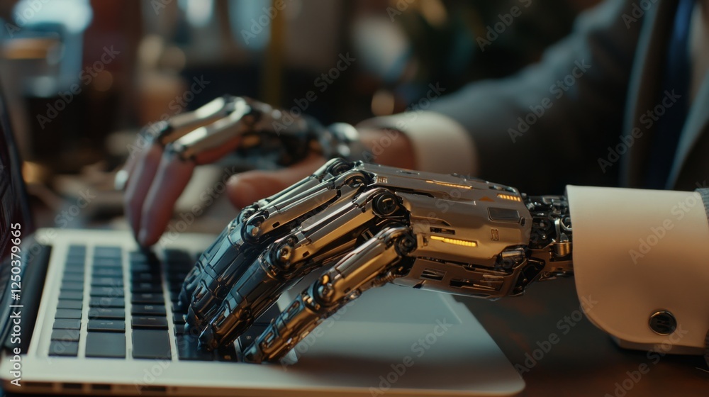 Aufkleber a robotic hand types on a laptop, showcasing the fusion of technology and human-like capabilities in