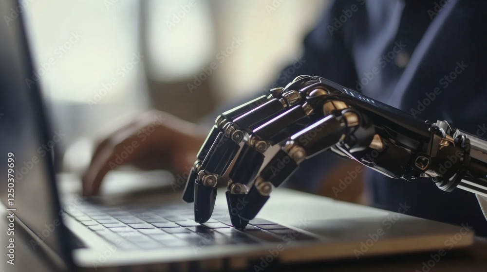 Poster a robotic hand is typing on a laptop, showcasing the intersection of technology and human interactio