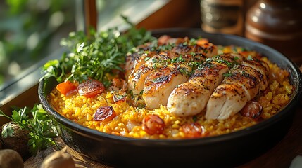 A delicious dish featuring grilled chicken served on a bed of vibrant yellow rice with tomatoes and herbs, perfect for a cozy meal. Rich in flavor and color, ideal for food lovers.