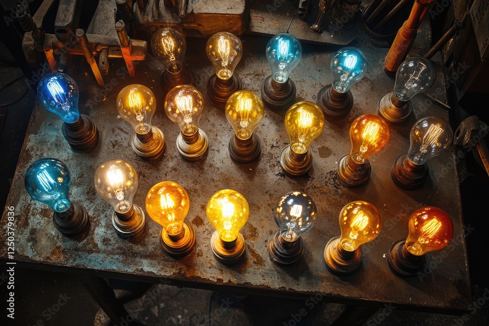 Poster a collection of various idea bulbs in different stages of illumination, arranged on a weathered meta