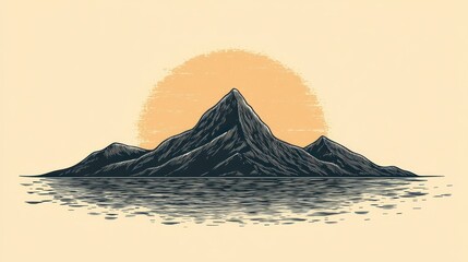 Monochromatic Mountain Range Silhouette with a Vintage Aesthetic Sunburst