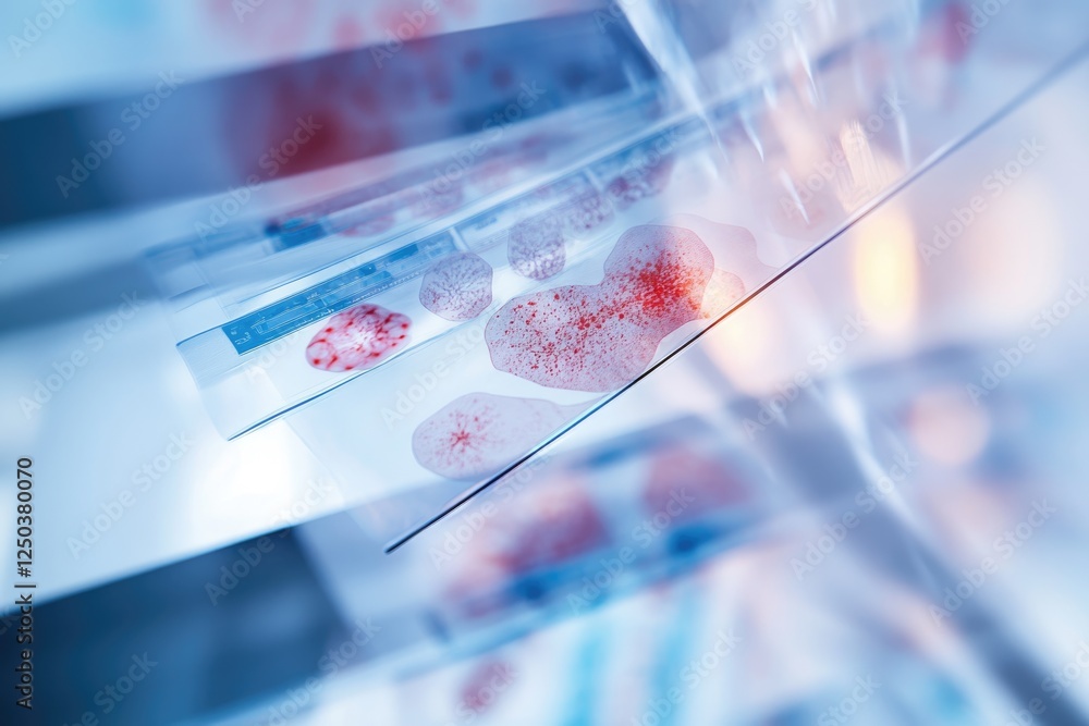 Poster microscopic view of cell cultures on glass slides in a laboratory setting, showing red stained cells