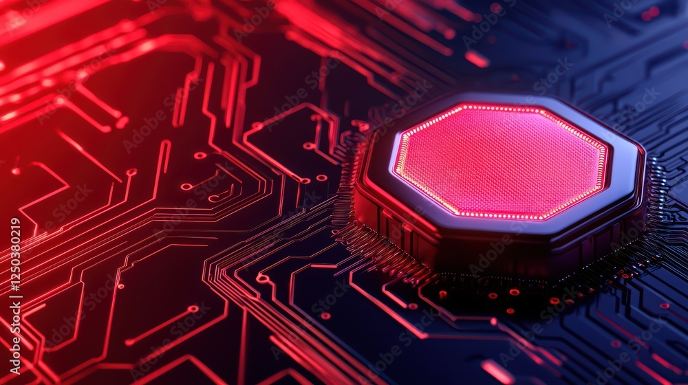 Poster futuristic circuit board with illuminated red processor visuals