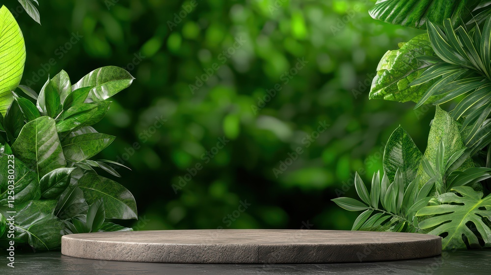 Poster green leaves and round platform for display in nature setting